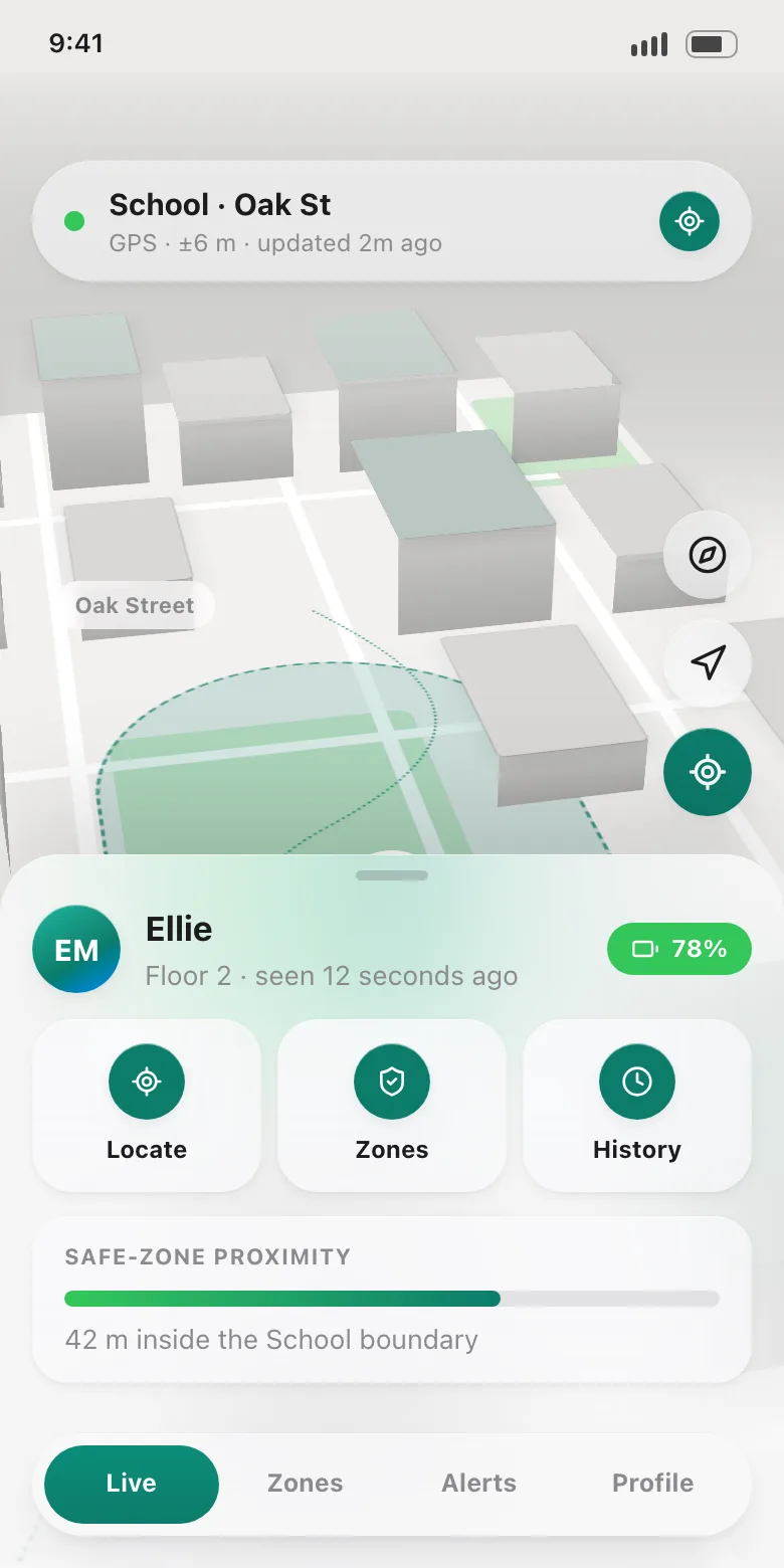 The SafeTrace live map: Ellie is inside the School safe zone, seen 12 seconds ago, 42 m inside the boundary, tracker battery 78%.